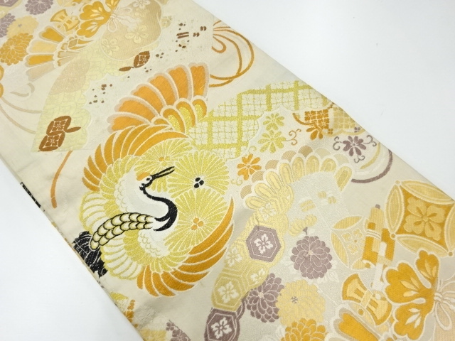 JAPANESE KIMONO / ANTIQUE MARU OBI / WOVEN PINE & CRANE WITH FAN